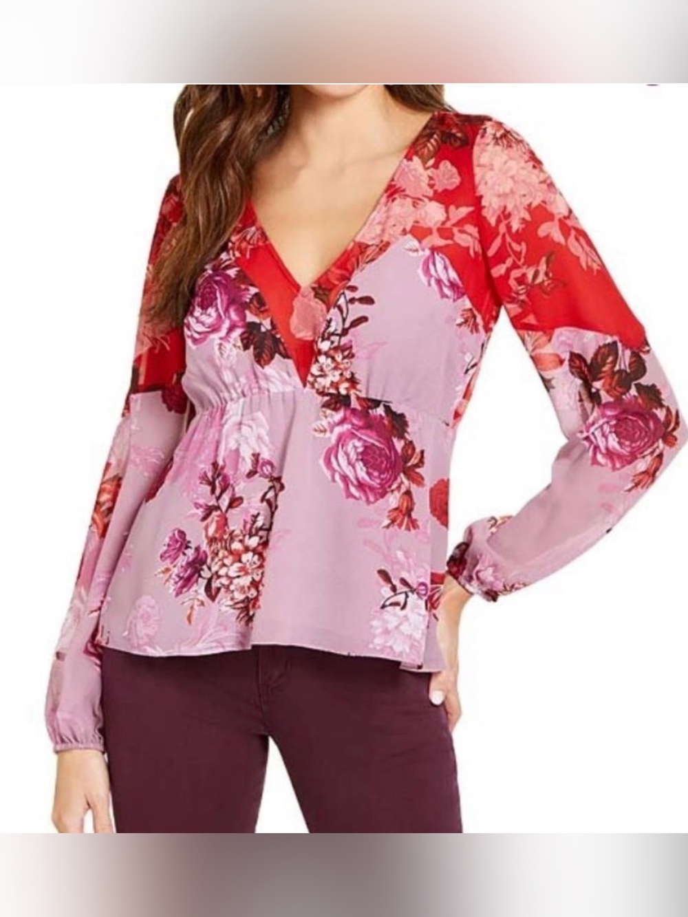 Guess pink and red floral V-neck long-sleeve sheer blouse size Small